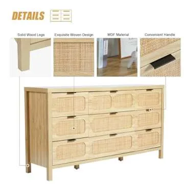 QEIUZON 9 Drawer Dresser, Modern Rattan Dresser Chest with Large Storage and Metal Handles, Rustic Wood Storage Chest of Drawers for Bedroom, Living Room, Entryway (Natural)