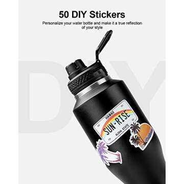 INSPI Water Bottle Fits in Car Cup Holder, 40oz Stainless Steel Water Bottle Tumbler with 2 Lids & Stickers, Double Wall Travel Flask (Cold for 48 Hrs, Hot for 24 Hrs), Black