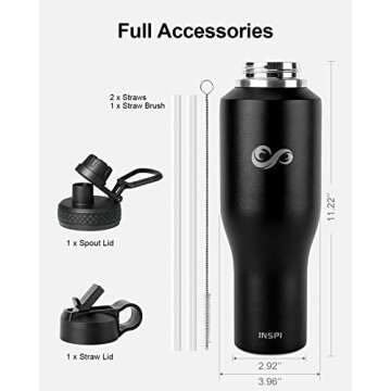 INSPI Water Bottle Fits in Car Cup Holder, 40oz Stainless Steel Water Bottle Tumbler with 2 Lids & Stickers, Double Wall Travel Flask (Cold for 48 Hrs, Hot for 24 Hrs), Black