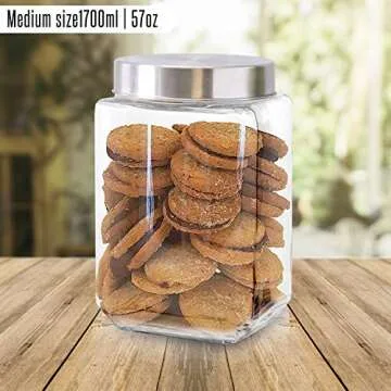 Glass Containers for Kitchen – Set of 3 Food Storage Containers – Storage Jars with Stainless Steel Lids – Suitable for Cookies, Snacks, Coffee – Screw-on Lid – 57oz Capacity