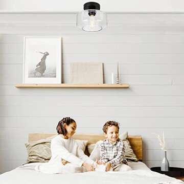 Industrial Semi Flush Mount Ceiling Light, 800 Lumen LED Bulb Included, Seeded Glass Shade Farmhouse Light Fixture for Hallway Corridor Kitchen Bathroom Bedroom Passway