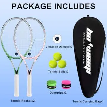 bo'weiqi 27" Recreational Tennis Racket Set 2 Players Lightweight Pre-Strung Tennis Racquets for Beginners, Including 3 Balls, 2 Overgrips, 2 Vibration Dampers and 1 Bag (Green and Pink)