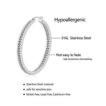 Large Stainless Steel Hoop Earrings for Women, Big Hypoallergenic Hoops Earring ARSKRO White Rhinestone Crystal Cubic Zirconia 50mm 2 inch Ear Ring Jewelry Gifts for Women Sensitive Ears