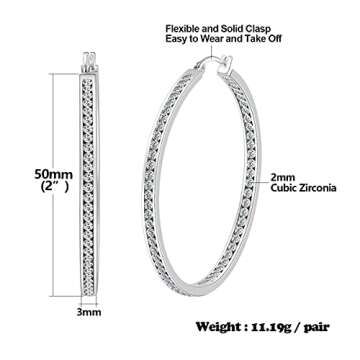 Large Stainless Steel Hoop Earrings for Women, Big Hypoallergenic Hoops Earring ARSKRO White Rhinestone Crystal Cubic Zirconia 50mm 2 inch Ear Ring Jewelry Gifts for Women Sensitive Ears