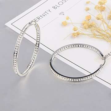 Large Stainless Steel Hoop Earrings for Women, Big Hypoallergenic Hoops Earring ARSKRO White Rhinestone Crystal Cubic Zirconia 50mm 2 inch Ear Ring Jewelry Gifts for Women Sensitive Ears