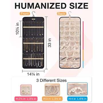 BAGSMART Hanging Jewelry Organizer Storage Roll with Hanger Metal Hooks Double-Sided Jewelry Holder for Earrings, Necklaces, Rings on Closet, Wall, Door, 1 piece, Large, Black