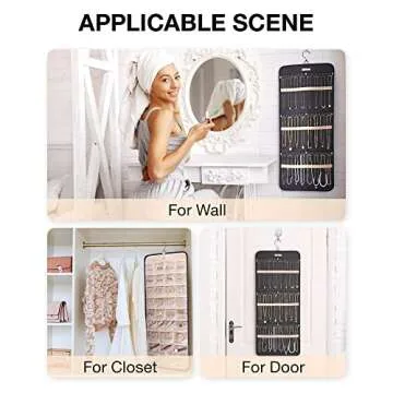 BAGSMART Hanging Jewelry Organizer Storage Roll with Hanger Metal Hooks Double-Sided Jewelry Holder for Earrings, Necklaces, Rings on Closet, Wall, Door, 1 piece, Large, Black