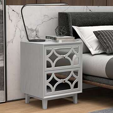 COZAYH Modern Contemporary Nightstand, 2-Drawer Front Mirror Nightstand, for Small Spaces, Bedroom, Light Gray