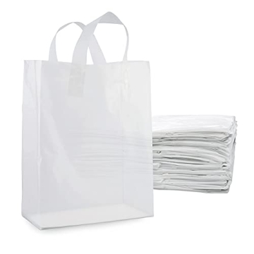Plastic Bags with Handles - 10x5x13 Inch 100 Pack Medium Frosted White Gift Bags with Cardboard Bott...