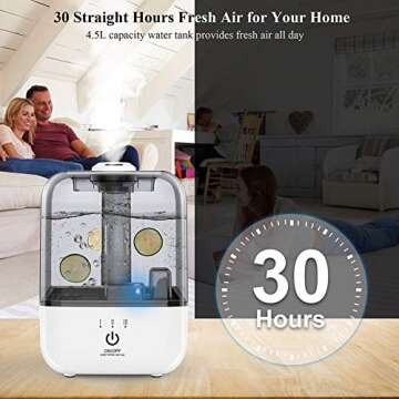 Cool Mist Humidifier, Quiet Humidifiers for Home Bedroom Babies, 4.5L Top Fill Mist Large Humidifier Ultrasonic Air Humidifier, Works Up to 30 Hours, Adjustable Mist Levels, Auto Shut-Off