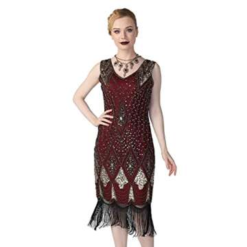 PrettyGuide Women Flapper Dresses 1920s Gatsby Cocktail Sequin Art Deco Great Gatsby Dress L Gold Burgundy