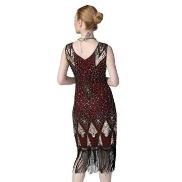 PrettyGuide Women Flapper Dresses 1920s Gatsby Cocktail Sequin Art Deco Great Gatsby Dress L Gold Burgundy