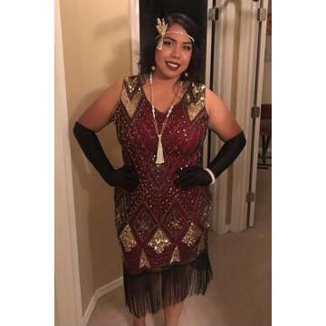 PrettyGuide Women Flapper Dresses 1920s Gatsby Cocktail Sequin Art Deco Great Gatsby Dress L Gold Burgundy