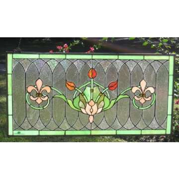 Tiffany Stained Glass Transom Window Panel Fleur De Lis 32" x 16"