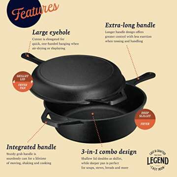 Legend Cookware Cast Iron Deep Skillet with Lid | 3Q Sauté Pan with Cast Iron Lid for Oven, Inducti...
