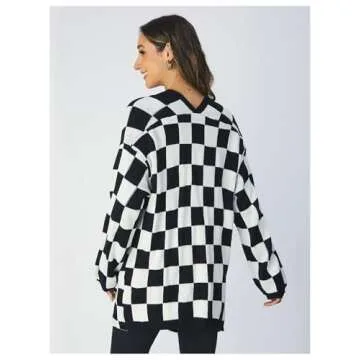 SOLY HUX Women's Long Sleeve Oversized Sweater Checkered Cardigan for Stylish Comfort