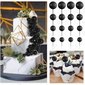 BOUBONI 138 Pcs Black Balls Cake Topper Decorations Balloon Cupcake Toppers Foam Cake Topper Balls Multisize Cake Balls Decorations for Halloween Birthday Party Wedding Anniversary Cake Decor