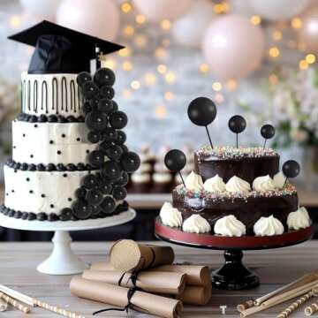 BOUBONI 138 Pcs Black Balls Cake Topper Decorations Balloon Cupcake Toppers Foam Cake Topper Balls Multisize Cake Balls Decorations for Halloween Birthday Party Wedding Anniversary Cake Decor