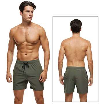Tyhengta Men's Stretch Swim Trunks Quick Dry Beach Shorts with Zipper Pockets and Mesh Lining ArmyGr...