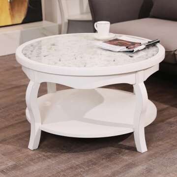 FINECASA Round White Coffee Table, 33.7x19 inches, Glass Top, Vintage Boho Design, Wood, White Patterned
