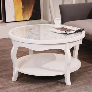 FINECASA Round White Coffee Table, 33.7x19 inches, Glass Top, Vintage Boho Design, Wood, White Patterned