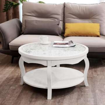 FINECASA Round White Coffee Table, 33.7x19 inches, Glass Top, Vintage Boho Design, Wood, White Patterned