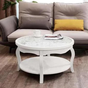 FINECASA Round White Coffee Table, 33.7x19 inches, Glass Top, Vintage Boho Design, Wood, White Patterned