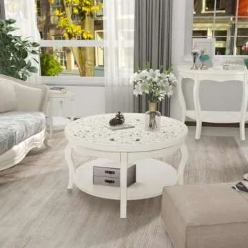 FINECASA Round White Coffee Table, 33.7x19 inches, Glass Top, Vintage Boho Design, Wood, White Patterned