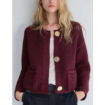 Wyeysyt Womens Cropped Cardigan Sweaters Chunky Knit Gold Button Down Open Front Cardigan Long Sleev...