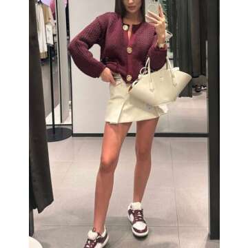 Wyeysyt Womens Cropped Cardigan Sweaters Chunky Knit Gold Button Down Open Front Cardigan Long Sleeve Cropp Crochet Sweaters(DarkRed-S)