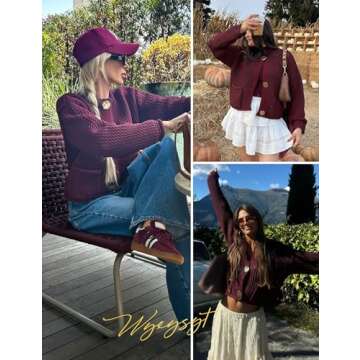 Wyeysyt Womens Cropped Cardigan Sweaters Chunky Knit Gold Button Down Open Front Cardigan Long Sleeve Cropp Crochet Sweaters(DarkRed-S)