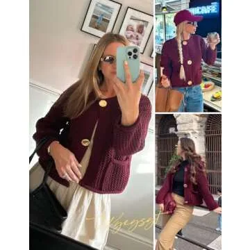 Wyeysyt Womens Cropped Cardigan Sweaters Chunky Knit Gold Button Down Open Front Cardigan Long Sleeve Cropp Crochet Sweaters(DarkRed-S)