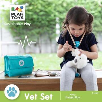 PlanToys Vet Set for Kids - Vet Toy with 3 Medical Instruments and Storage Bag - Pet Case