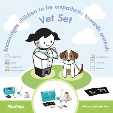 PlanToys Vet Set for Kids - Vet Toy with 3 Medical Instruments and Storage Bag - Pet Case