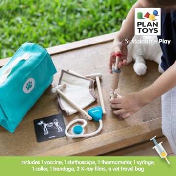 PlanToys Vet Set for Kids - Vet Toy with 3 Medical Instruments and Storage Bag - Pet Case