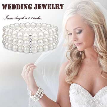 EIELO 6 Pcs Rhinestone Stretch Bracelet for Women Sparkly Clear Crystal Wedding Bridal Bridesmaid Stretch Bracelet Jewelry Stackable Elastic Pearl Multilayer Strand Link Tennis Bracelets Set