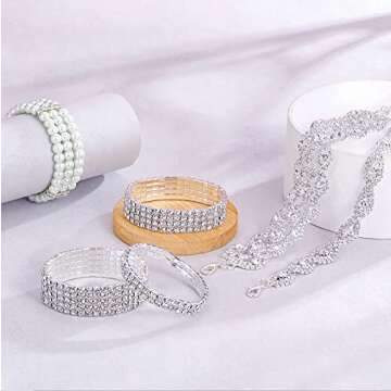 EIELO 6 Pcs Rhinestone Stretch Bracelet for Women Sparkly Clear Crystal Wedding Bridal Bridesmaid Stretch Bracelet Jewelry Stackable Elastic Pearl Multilayer Strand Link Tennis Bracelets Set