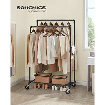 SONGMICS Heavy-Duty Clothes Rack, Double-Rod Clothing Rack for Hanging Clothes, Industrial Garment Rack on Wheels, Metal Frame, 2 Casters with Brakes, Commercial Display, Black UHSR60B