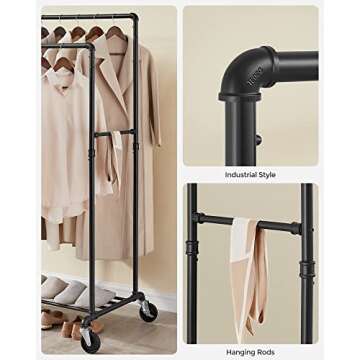 SONGMICS Heavy-Duty Clothes Rack, Double-Rod Clothing Rack for Hanging Clothes, Industrial Garment Rack on Wheels, Metal Frame, 2 Casters with Brakes, Commercial Display, Black UHSR60B
