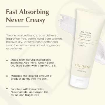 Theorie Ultra Gentle Rejuvenating Hand Cream For Sensitive Skin | Fragrance-Free & Non-Toxic - Vitamin C & E | Suitable for all Skin Types - 3.4Fl OZ 100 mL