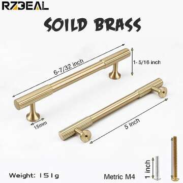 RZDEAL 4pcs Solid Brass Gold Cabinet Pulls, 5-Inch Hole Centers for Kitchen Cupboard Handles Modern ...