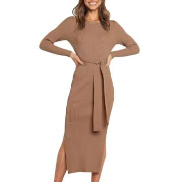 ANRABESS Womens Long Sleeve Sweater Dress Crew Neck Slim Fit Slit Tie Waist 2025 Ribbed Knit Bodycon Midi Dress Fall Outfits Khaki Medium