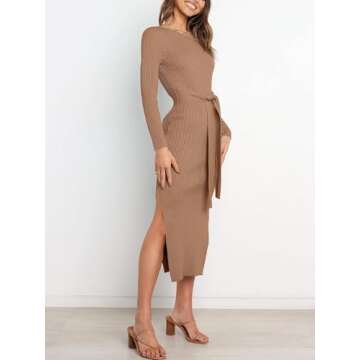 ANRABESS Womens Long Sleeve Sweater Dress Crew Neck Slim Fit Slit Tie Waist 2025 Ribbed Knit Bodycon Midi Dress Fall Outfits Khaki Medium