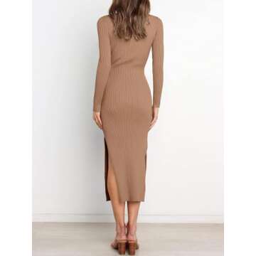 ANRABESS Womens Long Sleeve Sweater Dress Crew Neck Slim Fit Slit Tie Waist 2025 Ribbed Knit Bodycon Midi Dress Fall Outfits Khaki Medium