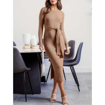 ANRABESS Womens Long Sleeve Sweater Dress Crew Neck Slim Fit Slit Tie Waist 2025 Ribbed Knit Bodycon Midi Dress Fall Outfits Khaki Medium