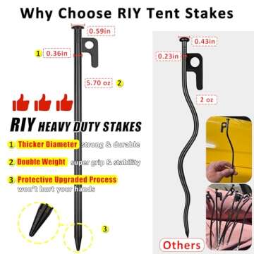 8 Pack Tent Stakes Heavy Duty 12 inch Steel Tent Pegs for Camping Unbreakable and Inflexible-0.36 Di...