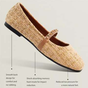 Chicmyth Mary Jane Flats;Square Toe Metal Chain Flats;Tweed Fabric Delicate and Elegant Women Shoes ...
