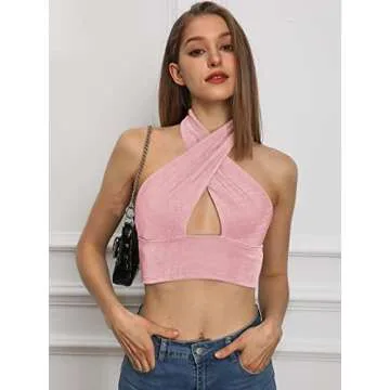 Dealmore Women's Halter Criss Cross Backless Sleeveless Crop Top Summer Going Out Sexy Cute Y2k Cami Tank Bustier Corset Pink