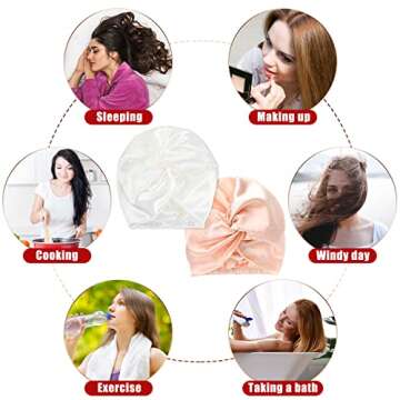 Geyoga 6 Pcs Reusable Large Silk Bonnet and Silk Scrunchies Set for Women's Hair Care and Sleeping (Pink, White, Rose Gold)