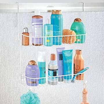 mDesign Extra Wide Metal Wire Over The Bathroom Shower Door Caddy, Hanging Storage Organizer with Bu...